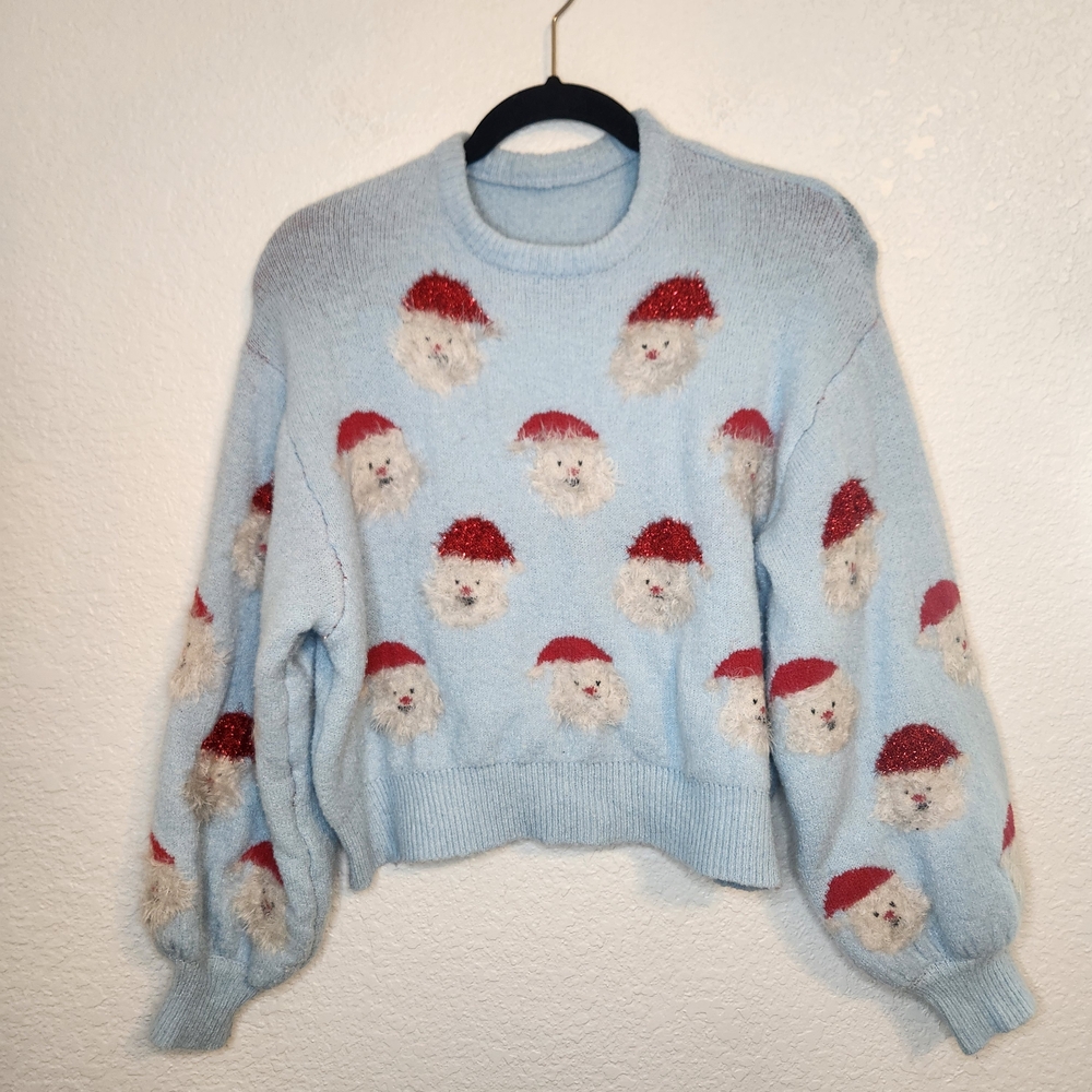 Santa Claus Christmas Sweater Blue Light Blue Sweater Festive size M